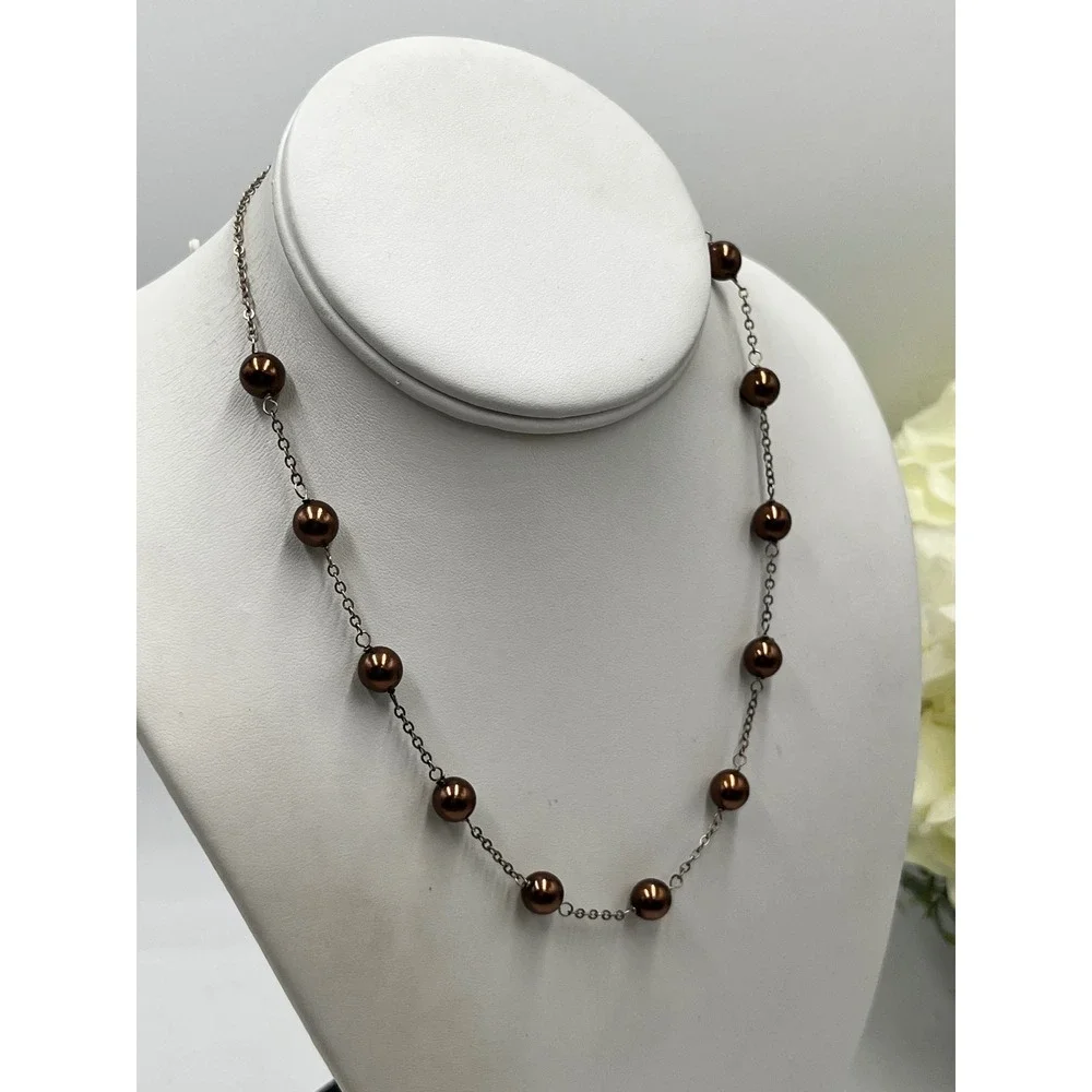 Round Chocolate Brown Freshwater Tin Cup Pearl Sterling Silver Link Necklace 16